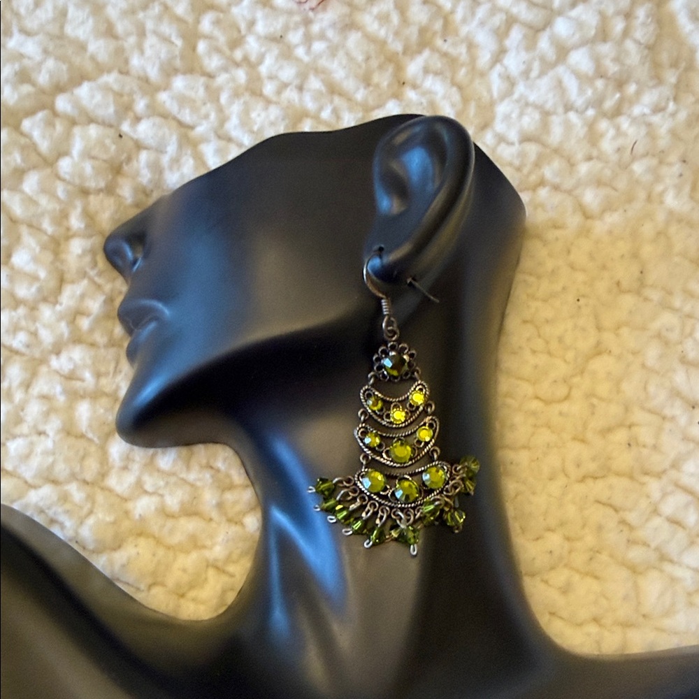 Green Crystal Filigree Chandelier Earrings - Women Jewelry